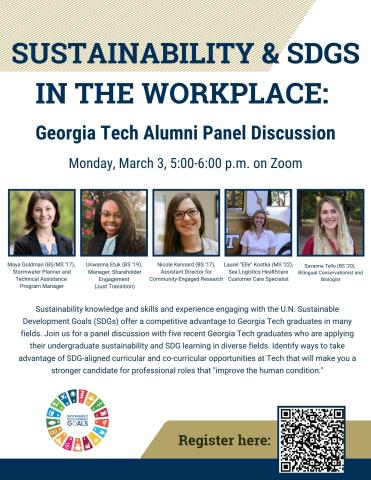 flyer for SDGs in the workplace virtual panel featuring photos of five panels and QR code for registration