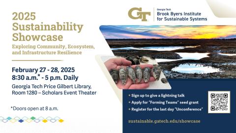 Graphic displaying the event details for the 2025 Georgia Tech Sustainability Showcase.