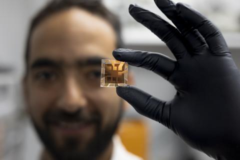 male researcher wearing a black glove holds a solar cell prototype