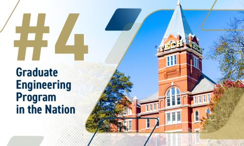 Tech Tower with vector overlays of rhombi in gold, navy, and gray, and the text "#4 Graduate Engineering Program in the Nation"