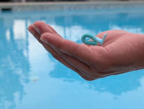 a person's hand, holding a small soft robot