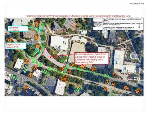 Map of logistics for detours around Regents Drive and Tech Parkway construction.