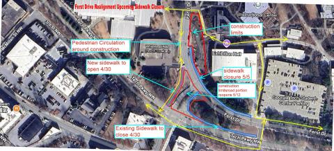 Map of signage posted for Ferst Drive realignment project construction activity at Regents Drive.