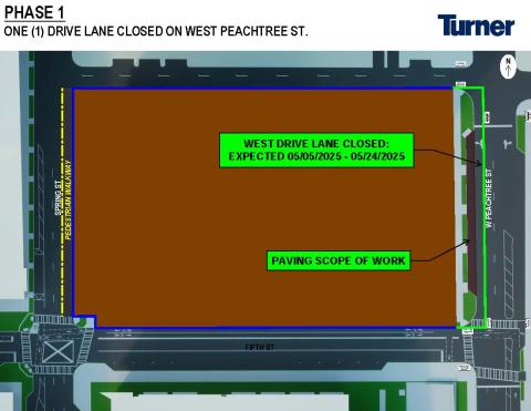 Map of site plan for closure of west lane of and parking on West Peachtree street 