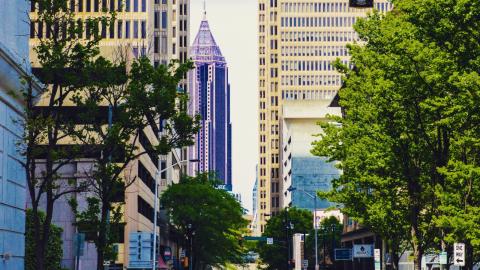 Stock image of Atlanta city street with buildings and trees