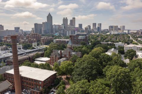 Drone photos of campus and Atlanta skyline