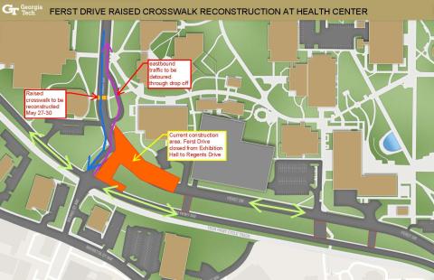 Map of vehicular detours for raised pedestrian crosswalk on Ferst Drive