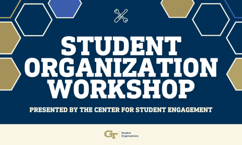 navy graphic with gold and blue hexagons and white text reading student organization workshop