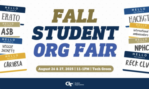 navy graphic with gold and blue hexagons and white text reading fall student org fair