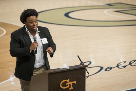 Fourth-year business administration student JahWill Fannings speaks at the 2025 Scholarship Brunch.