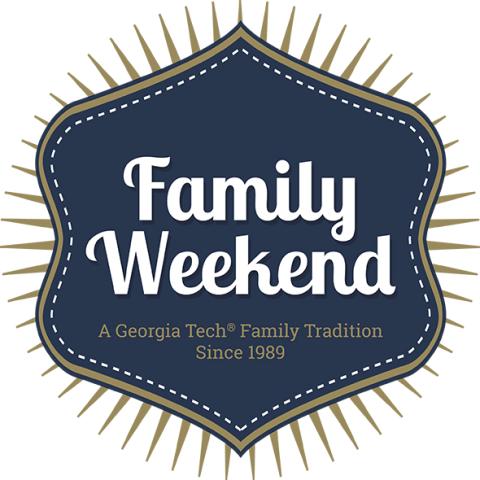 A blue shield with gold rays extending all around it promoting Family Weekend