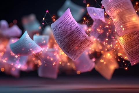 image of papers floating among lights (illustration)