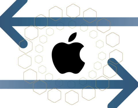 Apple logo surrounded with two arrows pointing opposite directions