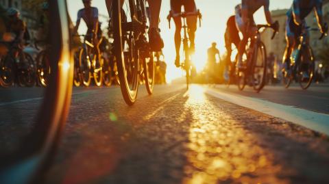 bikes riding on paved road with sun setting in background
