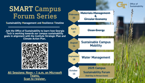 Schedule infographic with upcoming SMART Campus Forum Dates: August 14 - Sustainable Campus Mobility; September 18: Water Management.