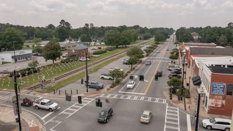 This image shows a bird's eye view of downtown Pembroke, Georgia