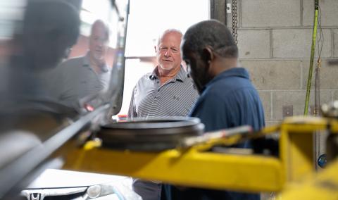 This image shows Ray Butler and one of the employee's at Butler's Tire & Lube a long-standing business in Pembroke, Georgia