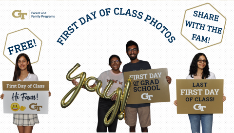 Free First Day of Class Photos to Share with the Family August 18 9 am to 3 pm Smithgall atrium images of different college students holding up signs that say First Day of Class