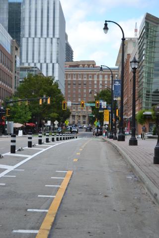 View of the newly installed cycle track along the Fifth Street Bridge.
