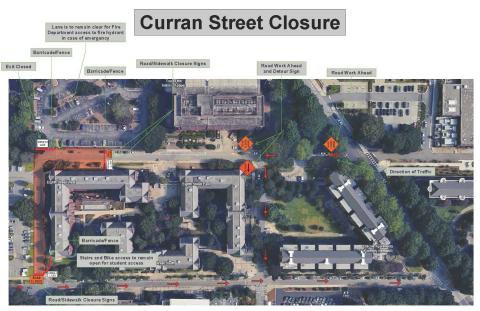 Map of road closures for the continued construction work for Curran Street Residence Hall.