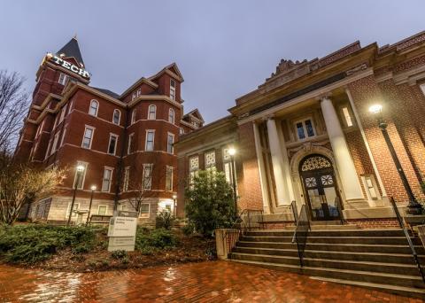 A view of Carnegie Hall and Tech Tower at night.