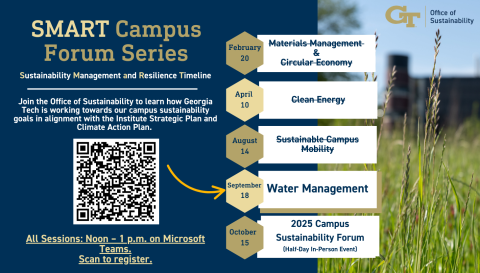 Schedule infographic with upcoming SMART Campus Forum Dates: August 14 - Sustainable Campus Mobility; September 18: Water Management.