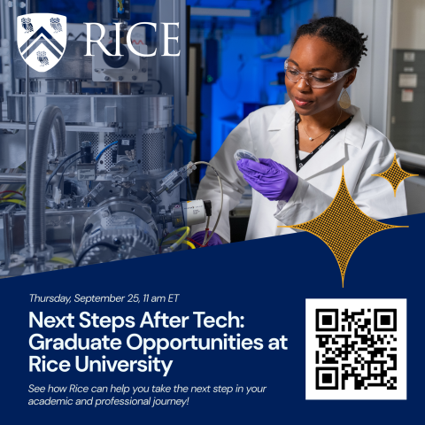 image of Black women in laboratory goggles, coat and gloves holding scientific instruments in a lab; Rice University logo in upper left corner.