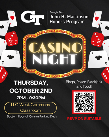 A flyer for the John H. Martinson Honors Program casino night on October 2nd, 2025