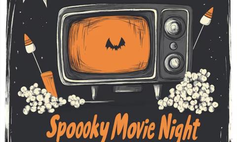 Spooky movie night flyer; television with popcorn