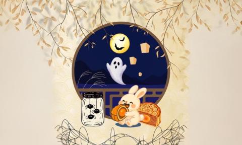 Bunny eating candy, ghost, bats