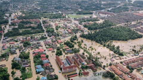 Aerial view of flooding in neighborhood