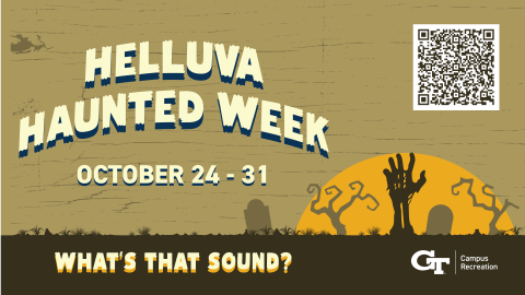 gold graphic with halloween-themed elements promoting helluva haunted week