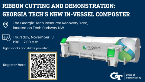 Image of compost vessel with invite to join 1 p.m. November 13 ribbon cutting at the Resource Recovery Yard