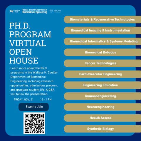 Image graphic listing the event details and a QR code Zoom link for the Coulter BME Ph.D. Program Virtual Open House