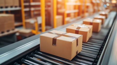 Inside of distribution center interior showing boxes on a conveyor belt moving through the facility.