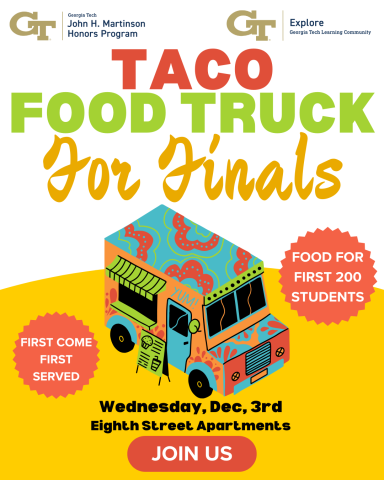 Flyer for the taco food truck for the John H. Martinson Honors Program on December 3rd, 2025. 
