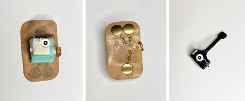 Wearable chest-mounted patch and forehead-mounted pulse oximeter shown close-up