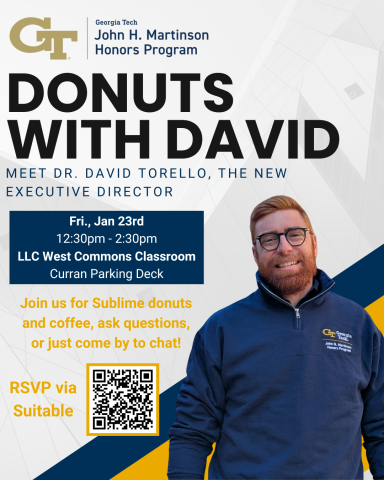 A flyer for Donuts with David featuring Dr. David Torello, executive director of the John H. Martinson Honors Program. 
