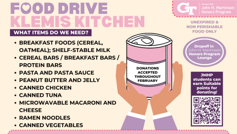 A flyer for the John H. Martinson Honors Program Klemis Kitchen donation drive in February 2026. 