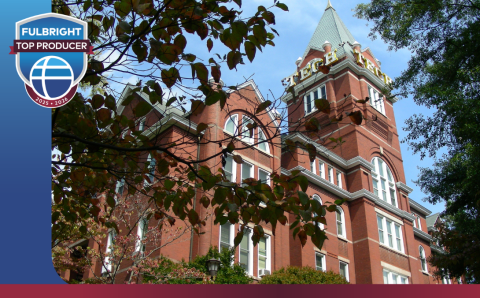 Tech tower framed with Fulbright designation badge