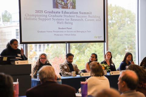 Graduate student panelists during the Graduate Education Summit's panel, Graduate Voices: Perspectives on Success and Belonging at Tech