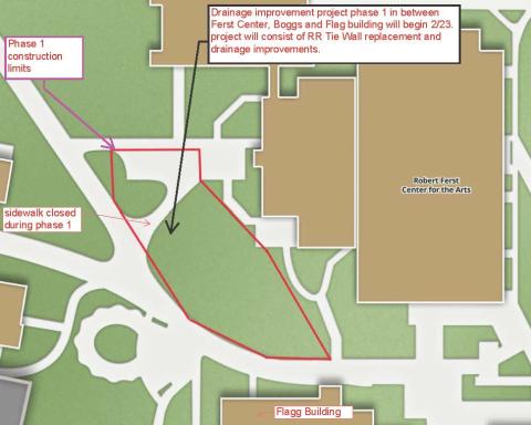 image of map with logistics for drainage project near the Ferst Center and the Smithgall Building