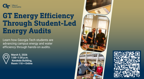 navy text on gold background event advertisement for GT energy audits on March 5 at 1 pm in Kendeda 118