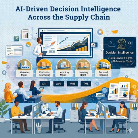 Illustration of supply chain decision intelligence, featuring analytics dashboards and AI‑powered insights supporting materials management, production scheduling, inventory management, transportation, and demand planning.