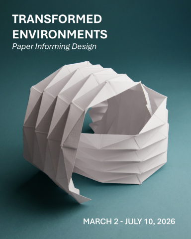 Transformed Environments: Paper Informing Design, typed in white text on a blue background, above two intertwined folded paper sculptures.  