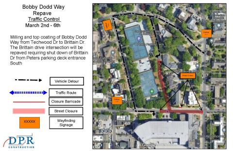 Image of map indicating road closures for Bobby Dodd Way and Brittain Drive March 2 - 6