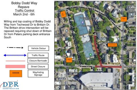 Image map of road closures for paving on Bobby Dodd Way and Brittain Drive.