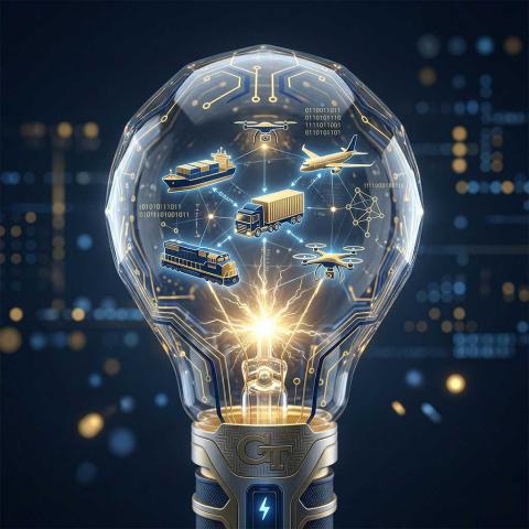 Futuristic illustration showing lightbulb with elements of modern supply chain inside.