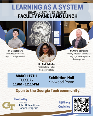 A flyer for the Learning as a System faculty panel, featuring three Georgia Tech faculty and an image of a neurological brain scan on a computer screen. 