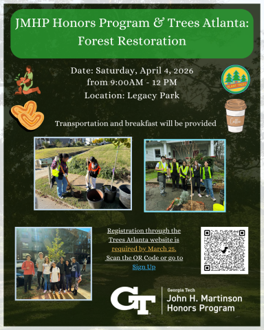 A flyer promoting the John H. Martinson Honors Program tree planting volunteering. Shows a group of JMHP students from previous events planting trees in green vests.